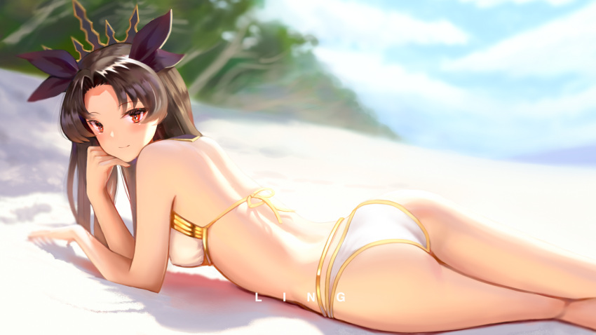 1girl aling artist_name ass beach bikini black_hair black_ribbon breasts closed_mouth fate/grand_order fate_(series) hair_ribbon highres ishtar_(fate/grand_order) light_smile long_hair looking_at_viewer lying on_stomach red_eyes ribbon sand smile solo swimsuit white_bikini