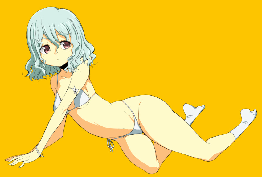 1girl armband bangs bikini blue_hair bracelet breasts closed_mouth collarbone eyebrows_visible_through_hair gradient gradient_background hair_between_eyes highleg highleg_bikini highres jewelry light_blue_hair navel onija_tarou original pink_eyes short_hair side-tie_bikini small_breasts socks solo stomach swimsuit thigh_gap thighs wavy_hair white_bikini white_legwear