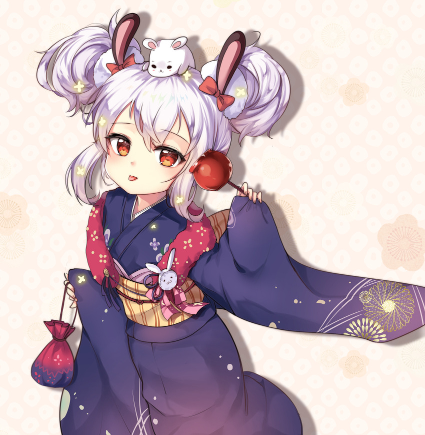 1girl animal animal_ears animal_on_head azur_lane bangs blue_kimono bow candy_apple closed_mouth double_bun echu eyebrows_visible_through_hair fingernails floral_print food hair_between_eyes hair_bow hair_ornament highres holding holding_food japanese_clothes kimono kinchaku laffey_(azur_lane) long_sleeves obi on_head pinching_sleeves pouch print_kimono rabbit_ears red_bow red_eyes sash side_bun sidelocks silver_hair sleeves_past_wrists solo tongue tongue_out wide_sleeves