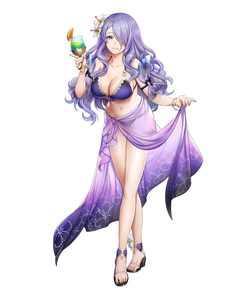 1girl bikini breasts camilla_(fire_emblem_if) cleavage fire_emblem fire_emblem_heroes fire_emblem_if full_body highres large_breasts long_hair nail_polish navel purple_hair sarong sideboob solo swimsuit transparent_background violet_eyes