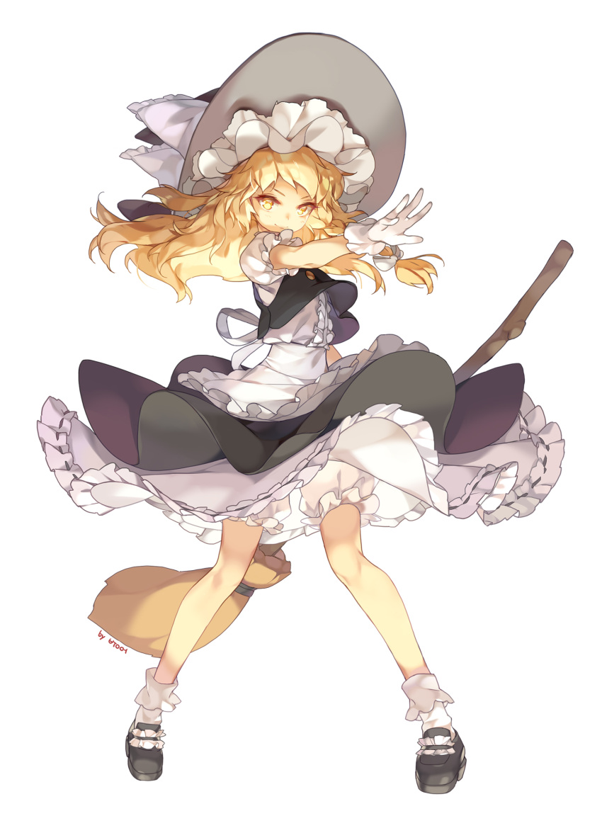 1girl apron arm_at_side artist_name black_footwear black_skirt black_vest blonde_hair bloomers bobby_socks braid broom frilled_apron frills full_body gloves hair_ribbon hat hat_ribbon highres karpin kirisame_marisa legs_apart loafers long_hair looking_at_viewer open_hand outstretched_arm petticoat puffy_short_sleeves puffy_sleeves ribbon shirt shoes short_sleeves simple_background single_braid skirt skirt_set smile socks solo standing touhou tress_ribbon underwear vest waist_apron white_background white_gloves white_legwear white_shirt witch_hat yellow_eyes