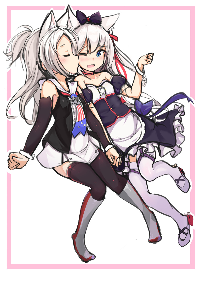 2girls absurdres animal_ears apron azur_lane bangs bare_shoulders black_bow black_dress black_jacket black_legwear blue_bow blush boots bow cat_ears cheek_kiss closed_eyes closed_mouth commentary_request detached_sleeves dress eyebrows_visible_through_hair frilled_dress frills green_eyes grey_footwear hair_between_eyes hair_bow hair_ribbon hammann_(azur_lane) hand_holding hand_up highres jacket kiss knee_boots long_hair long_sleeves multiple_girls ohshit one_eye_closed one_side_up open_clothes open_jacket open_mouth puffy_short_sleeves puffy_sleeves red_ribbon ribbon short_sleeves silver_hair sims_(azur_lane) strapless strapless_dress thigh-highs very_long_hair waist_apron white_apron white_dress white_legwear wrist_cuffs yuri