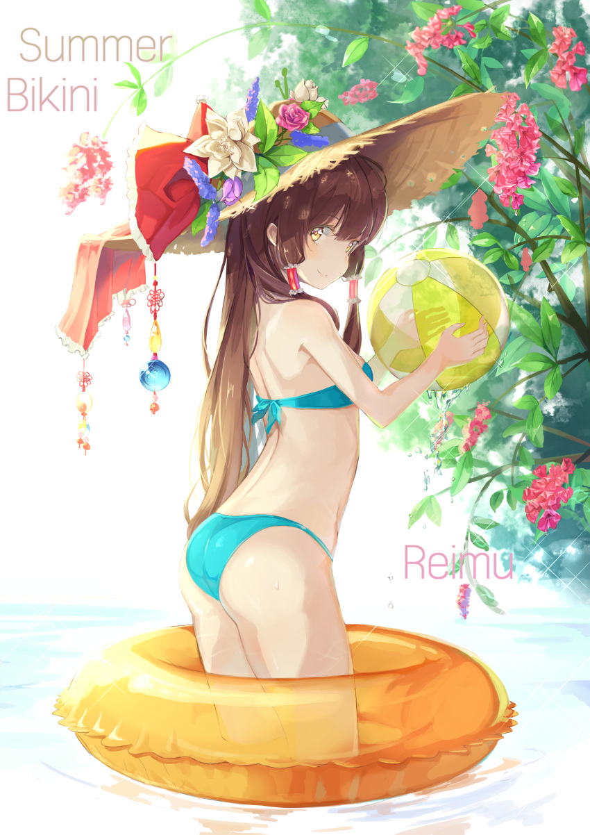 1girl absurdres ass ball beachball bikini blue_bikini blue_eyes blue_ribbon bow brown_hair character_name flower from_side hair_tubes hakurei_reimu hat hat_bow hat_flower hat_ribbon highres holding holding_ball hon_(neo2462) innertube long_hair looking_at_viewer pink_flower red_bow ribbon solo standing straw_hat sun_hat swimsuit touhou transparent wading white_flower yellow_hat