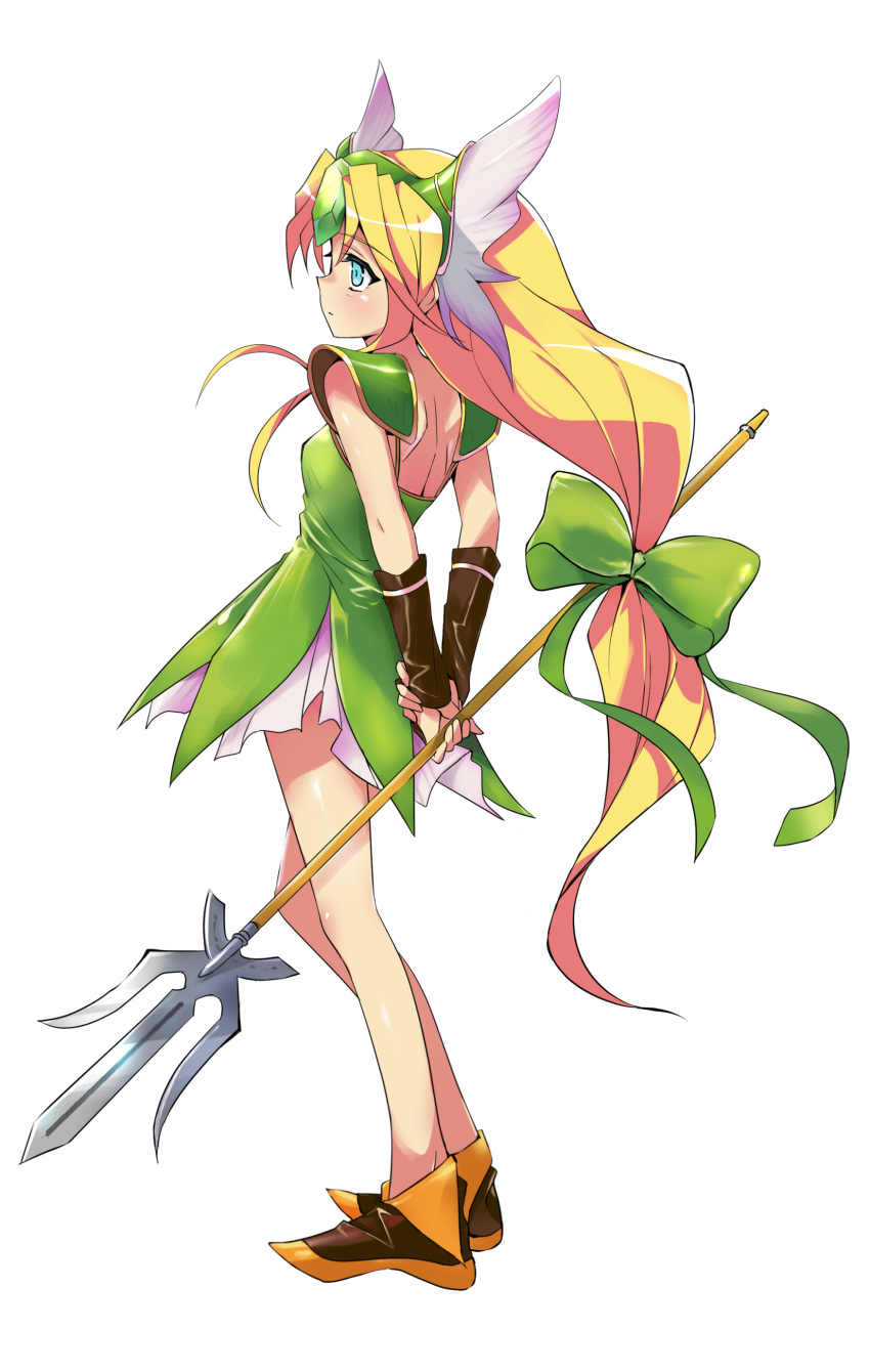 1girl absurdres arm_warmers arms_behind_back blonde_hair blue_eyes bow brown_footwear closed_mouth dress eyebrows_visible_through_hair forehead_jewel full_body green_bow green_dress highres holding holding_spear holding_weapon long_hair low-tied_long_hair pauldrons polearm riesz seiken_densetsu seiken_densetsu_3 shoes simple_background solo spear tokiani very_long_hair weapon white_background