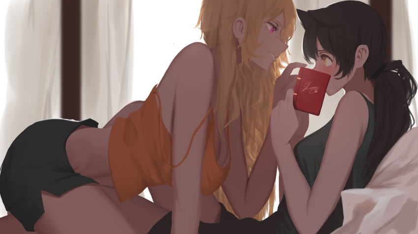 2girls absurdres animal_ears bed black_hair blake_belladonna blonde_hair blush book breasts cat_ears cleavage covering_mouth curtains dishwasher1910 eye_contact highres large_breasts looking_at_another lying multiple_girls on_back parted_lips ponytail reclining rwby short_shorts shorts smile strap_slip tank_top violet_eyes yang_xiao_long yellow_eyes yuri