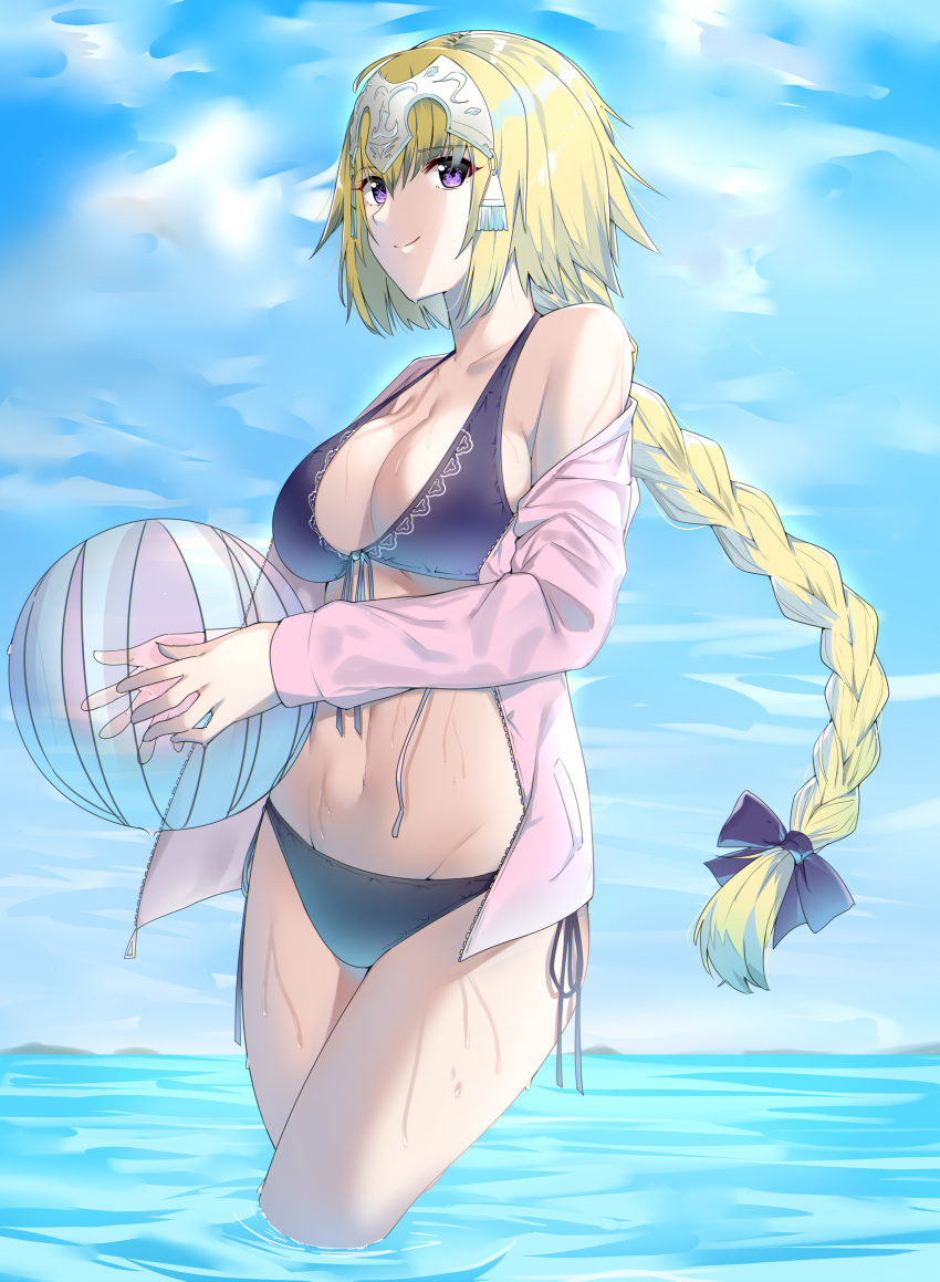 1girl absurdres ball bangs bare_shoulders beachball bikini black_bikini black_bow blonde_hair blue_sky bow braid breasts cleavage closed_mouth collarbone commentary_request day eyebrows_visible_through_hair fate/apocrypha fate/grand_order fate_(series) front-tie_bikini front-tie_top groin hair_between_eyes hair_bow headpiece highres holding holding_ball horizon jacket jeanne_d'arc_(fate) jeanne_d'arc_(fate)_(all) large_breasts long_hair long_sleeves looking_at_viewer ocean off_shoulder open_clothes open_jacket outdoors pink_jacket side-tie_bikini single_braid sky smile solo suzuharu_toufu swimsuit transparent very_long_hair violet_eyes wading water wet
