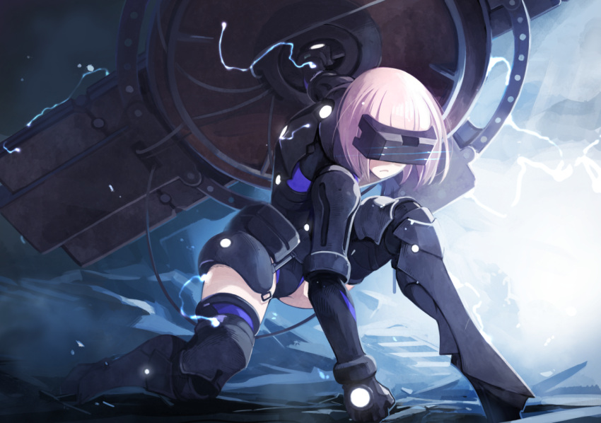 1girl arm_support armored_leotard bangs black_armor black_legwear black_leotard commentary_request covered_eyes electricity facing_viewer fate/grand_order fate_(series) holding holding_shield leotard mash_kyrielight one_knee ortenaus parted_lips pink_hair revision shield short_hair solo superhero_landing thigh-highs vr_visor yunar