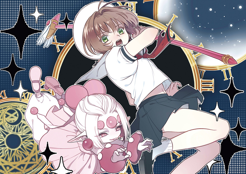 2girls brown_hair card_captor_sakura fuuin_no_tsue green_eyes half_updo hat kinomoto_sakura magic_circle multiple_girls no_nose open_mouth outstretched_hand pink_eyes pink_footwear pointy_ears power_(clow_card) puffy_short_sleeves puffy_sleeves school_uniform serafuku short_hair short_sleeves skirt wand white_hair white_hat wuliu_heihuo