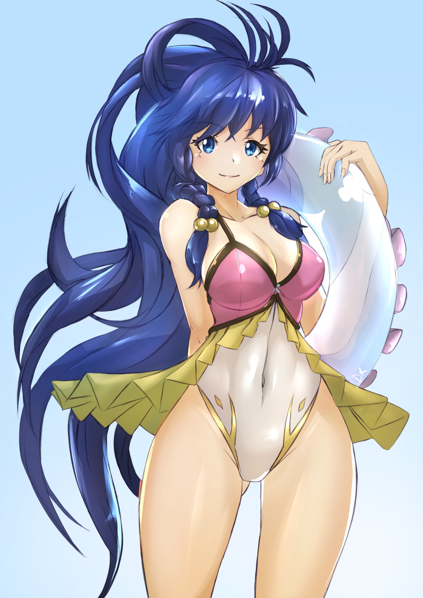 1girl bangs blue_eyes blue_hair braid breasts cleavage covered_navel deekei fingernails fire_emblem fire_emblem:_seima_no_kouseki fire_emblem_heroes frilled_swimsuit frills gluteal_fold hair_bobbles hair_ornament highleg highleg_swimsuit highres hips innertube large_breasts lips long_hair one-piece_swimsuit shiny shiny_hair shiny_skin sidelocks signature smile solo spaghetti_strap swimsuit tana thighs twin_braids very_long_hair