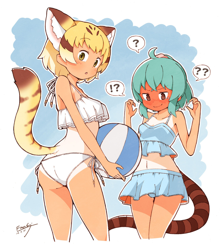 !? 2girls ? ?? absurdres alternate_costume animal_ears ball bare_arms bare_legs bare_shoulders beachball bikini bikini_day bikini_skirt blonde_hair blue_hair blush cat_ears cat_tail commentary_request enk_0822 eyebrows_visible_through_hair full-face_blush highres kemono_friends multicolored_hair multiple_girls nose_blush sand_cat_(kemono_friends) short_hair snake_tail swimsuit tail tan tanline tsuchinoko_(kemono_friends)