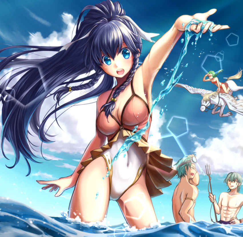 2boys 2girls :d abs aqua_eyes aqua_hair arm_up bikini blue_hair braid braided_ponytail breasts cleavage closed_eyes clouds cloudy_sky covered_navel cowboy_shot ephraim fire_emblem fire_emblem:_seima_no_kouseki fire_emblem_heroes goggles goggles_on_head green_hair hand_on_hip hand_to_own_head harpoon innes intelligent_systems lens_flare long_hair looking_afar looking_at_another looking_at_viewer male_swimwear medium_breasts multiple_boys multiple_girls nintendo ocean one-piece_swimsuit open_mouth outstretched_hand parune_chigetsu pegasus polearm ponytail profile red_bikini riding short_hair side_braids sky smile splashing standing swim_trunks swimsuit tana trident twitter_username vanessa_(fire_emblem) wading water weapon