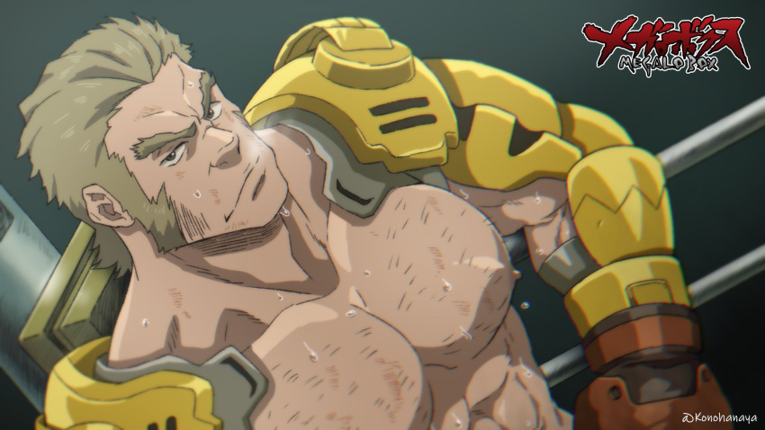 1boy abs blonde_hair boxing_ring chest_hair dutch_angle glen_burroughs highres konohanaya logo looking_at_viewer male_focus megalo_box nipples sideburns signature solo sweat