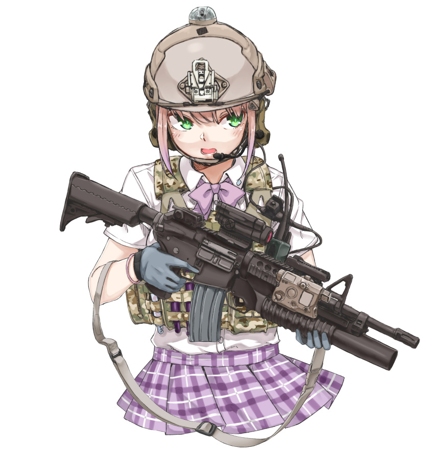 1girl absurdres aimpoint assault_rifle gloves gun headset helmet highres ivan_wang laser_sight looking_away m4_carbine military original rifle school_uniform simple_background sling weapon