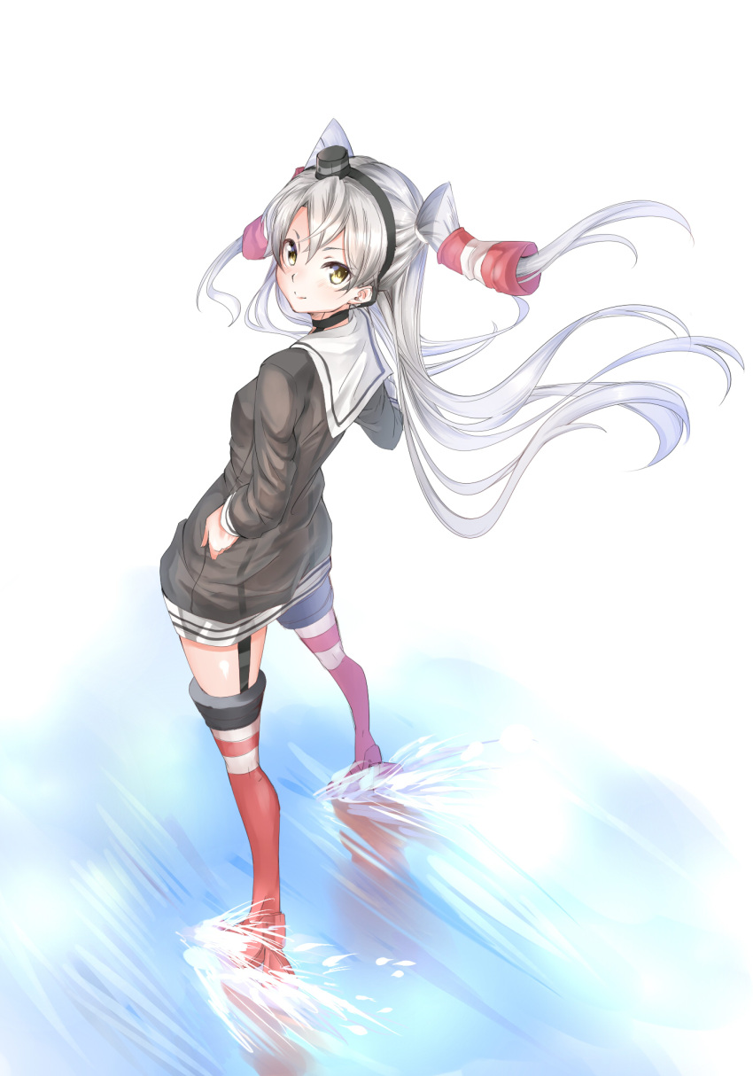 1girl amatsukaze_(kantai_collection) bangs blush brown_dress brown_eyes closed_mouth dorashieru dress floating_hair from_above from_behind garter_straps gloves hair_tubes hairband hand_on_hip highres kantai_collection lifebuoy long_hair looking_at_viewer looking_back red_legwear rudder_shoes sailor_dress short_dress sidelocks silver_hair smile smokestack_hair_ornament solo striped striped_legwear thigh-highs two_side_up waves wind wind_lift