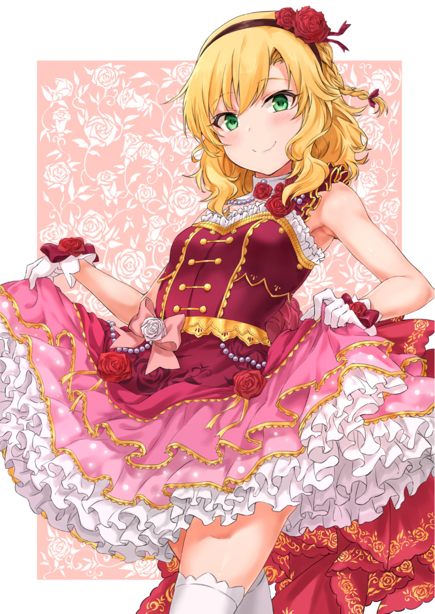 1girl armpits bare_shoulders blonde_hair blush bow braid commentary corsage cowboy_shot dress eyebrows_visible_through_hair floral_print flower frilled_dress frills gloves gold_trim green_eyes hair_flower hair_ornament hairband highres idolmaster idolmaster_cinderella_girls idolmaster_cinderella_girls_starlight_stage layered_dress looking_at_viewer rose rose_background rose_print sakurai_momoka short_hair sirurabbit skirt_hold sleeveless sleeveless_dress smile solo thigh-highs wavy_hair white_flower white_gloves white_legwear white_rose wrist_bow