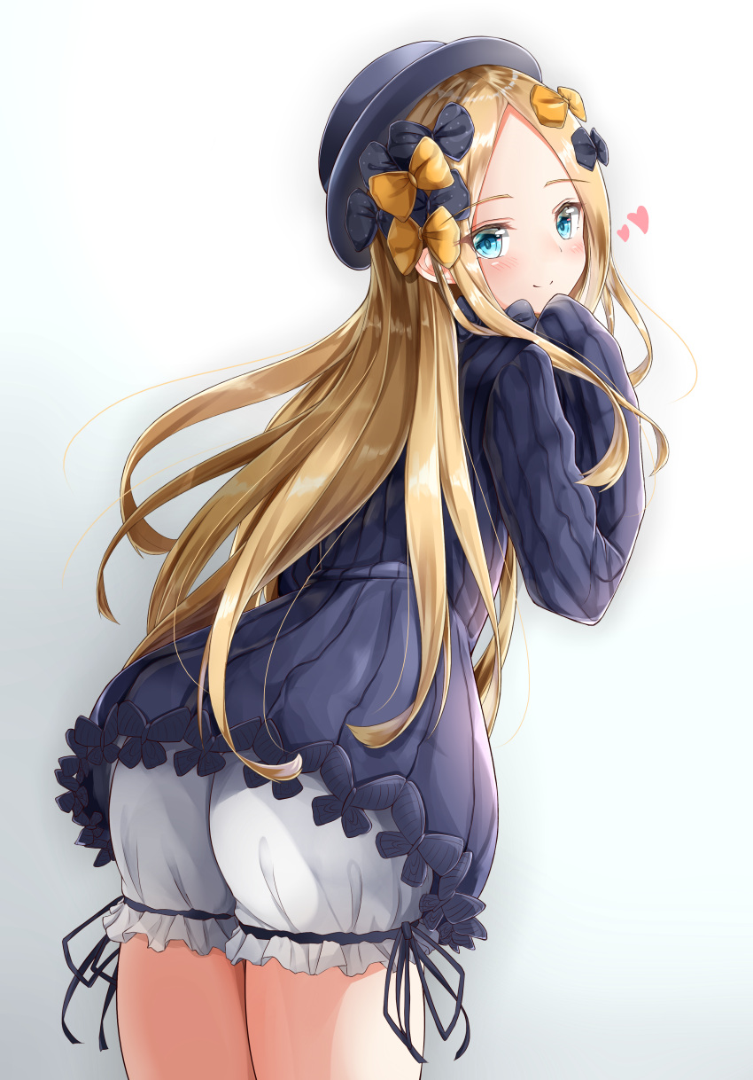 1girl abigail_williams_(fate/grand_order) absurdres ass bangs black_bow black_dress black_hat blonde_hair bloomers blue_background blue_eyes blush bow bug butterfly closed_mouth dress eyebrows_visible_through_hair fate/grand_order fate_(series) forehead gradient gradient_background hair_bow hand_up hat heart highres insect leaning_forward long_hair long_sleeves looking_at_viewer looking_back moyoron orange_bow parted_bangs polka_dot polka_dot_bow sleeves_past_fingers sleeves_past_wrists smile solo thighs underwear very_long_hair white_background white_bloomers