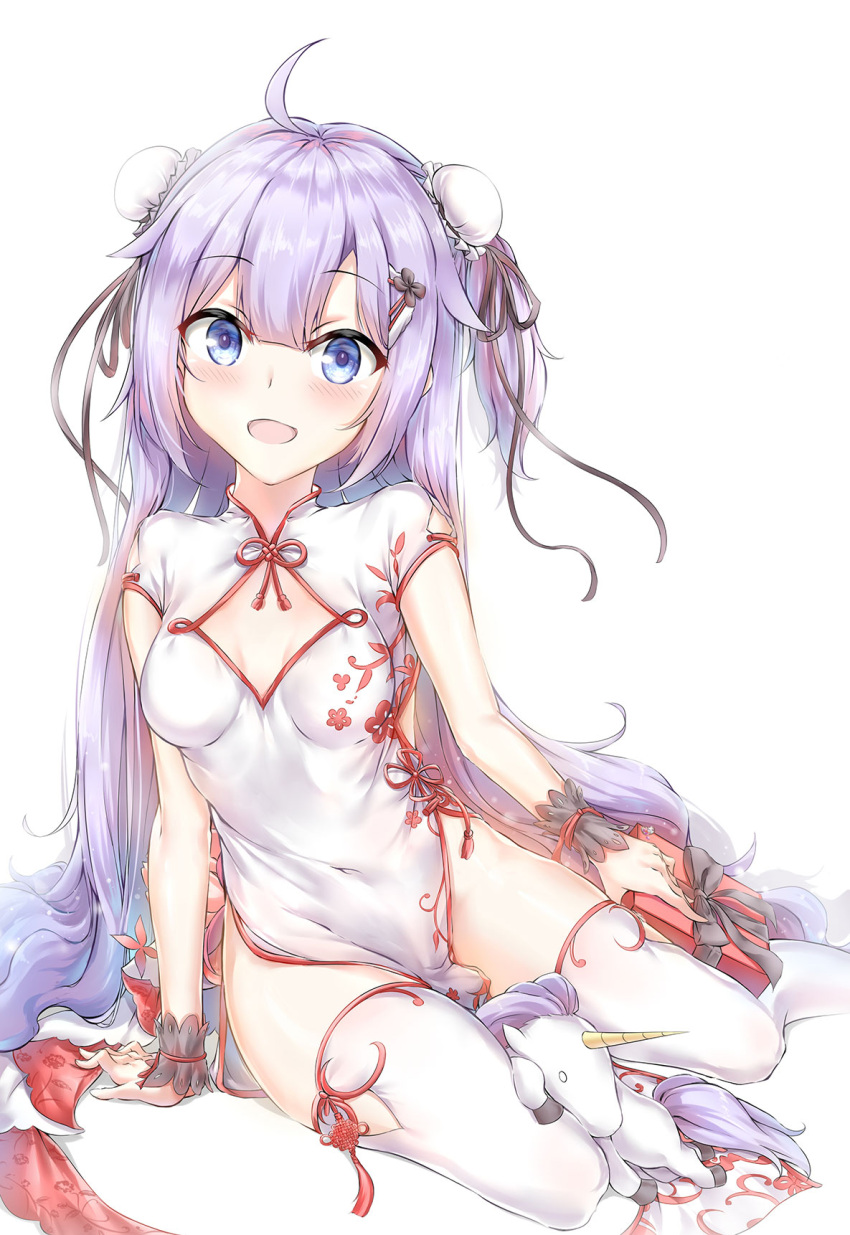 1girl ahoge arm_warmers azur_lane bangs black_ribbon blush box breasts bun_cover china_dress chinese_clothes double_bun dress eyebrows_visible_through_hair gift gift_box hair_between_eyes highres holding holding_gift looking_at_viewer pelvic_curtain purple_hair ribbon short_sleeves side_bun simple_background small_breasts solo stuffed_animal stuffed_pegasus stuffed_toy stuffed_unicorn thigh-highs thighs unicorn_(azur_lane) violet_eyes white_background white_dress white_legwear wrist_cuffs xin_(zinc)