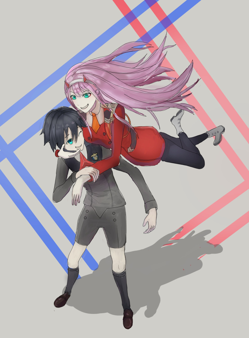 1boy 1girl absurdres bangs black_hair blue_eyes brown_footwear canon0317 commentary_request couple darling_in_the_franxx floating floating_hair green_eyes grey_legwear hair_ornament hairband hand_on_another's_arm hand_on_another's_face hetero highres hiro_(darling_in_the_franxx) horns hug hug_from_behind long_hair long_sleeves looking_at_another looking_back military military_uniform necktie one_eye_closed oni_horns orange_neckwear pink_hair red_horns red_neckwear shoes short_hair socks uniform white_hairband zero_two_(darling_in_the_franxx)