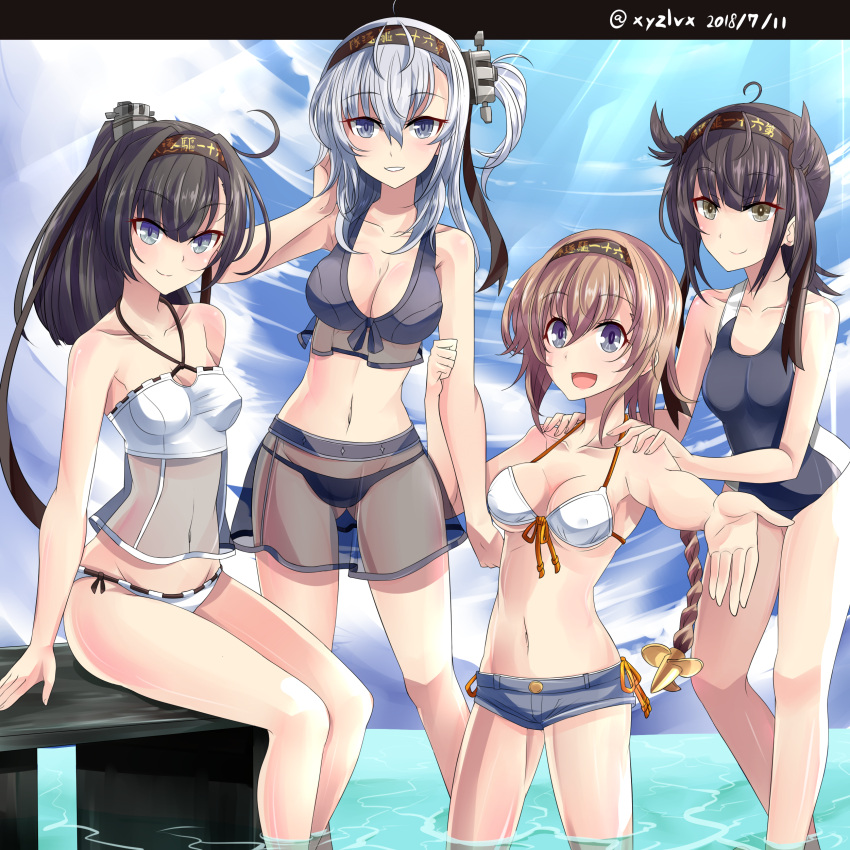 4girls :d absurdres ahoge akizuki_(kantai_collection) bare_arms bare_shoulders bikini black_bikini black_hair black_headband black_swimsuit blue_eyes blue_shorts blue_sky breasts brown_hair casual_one-piece_swimsuit cleavage closed_eyes clothes_writing clouds cloudy_sky collarbone commentary_request dated day front-tie_bikini front-tie_top green_eyes grey_eyes groin hachimaki hair_ears hatsuzuki_(kantai_collection) headband hebitsukai-san high_ponytail highres kantai_collection letterboxed light_brown_hair long_hair medium_breasts multiple_girls navel one-piece_swimsuit one_side_up open_mouth outdoors outstretched_arm ponytail see-through short_shorts shorts silver_hair sitting sky smile standing suzutsuki_(kantai_collection) swimsuit teruzuki_(kantai_collection) twitter_username wading water white_bikini white_bikini_top