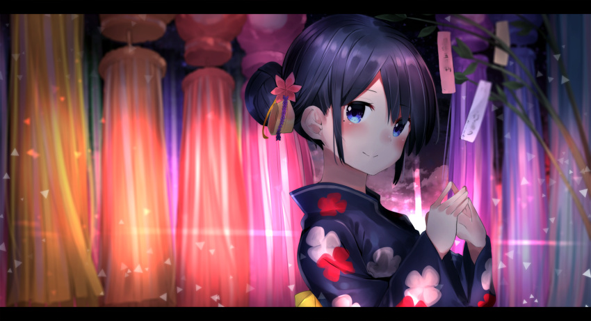 1girl bangs black_hair blue_eyes blue_kimono blurry blurry_background blush closed_mouth commentary_request depth_of_field eyebrows_visible_through_hair floral_print flower hair_between_eyes hair_bun hair_flower hair_ornament hands_up highres japanese_clothes kimono long_sleeves looking_at_viewer looking_to_the_side neku_(neku_draw) original outdoors pink_flower print_kimono sidelocks smile solo steepled_fingers tanabata tanzaku wide_sleeves yukata