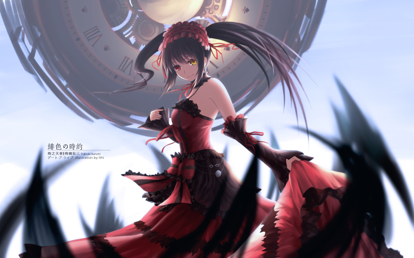 1girl absurdres artist_name asymmetrical_hair black_hair breasts character_name choker clock clock_eyes date_a_live detached_sleeves dress floating_hair from_side gothic_lolita hairband heterochromia highres layered_dress liht lolita_fashion lolita_hairband long_hair looking_at_viewer medium_breasts neck_ribbon red_dress red_eyes red_ribbon ribbon skirt_hold sleeveless sleeveless_dress smile solo standing symbol-shaped_pupils tokisaki_kurumi twintails very_long_hair yellow_eyes