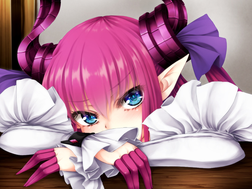 1girl asymmetrical_horns blue_eyes crossed_arms elizabeth_bathory_(fate) elizabeth_bathory_(fate)_(all) fate/grand_order fate_(series) head_on_table horns long_hair looking_at_viewer pink_hair pointy_ears sasasa_(nashi) solo table