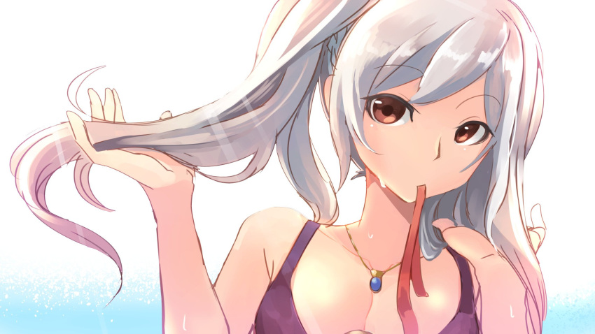 1girl bikini bikini_top breasts cleavage cute female_my_unit_(fire_emblem:_kakusei) fire_emblem fire_emblem:_kakusei fire_emblem_heroes highres holding holding_hair intelligent_systems jewelry mouth_hold my_unit_(fire_emblem:_kakusei) nakabayashi_zun necklace nintendo purple_bikini red_eyes red_ribbon ribbon ribbon_in_mouth solo super_smash_bros. swimsuit twintails white_hair