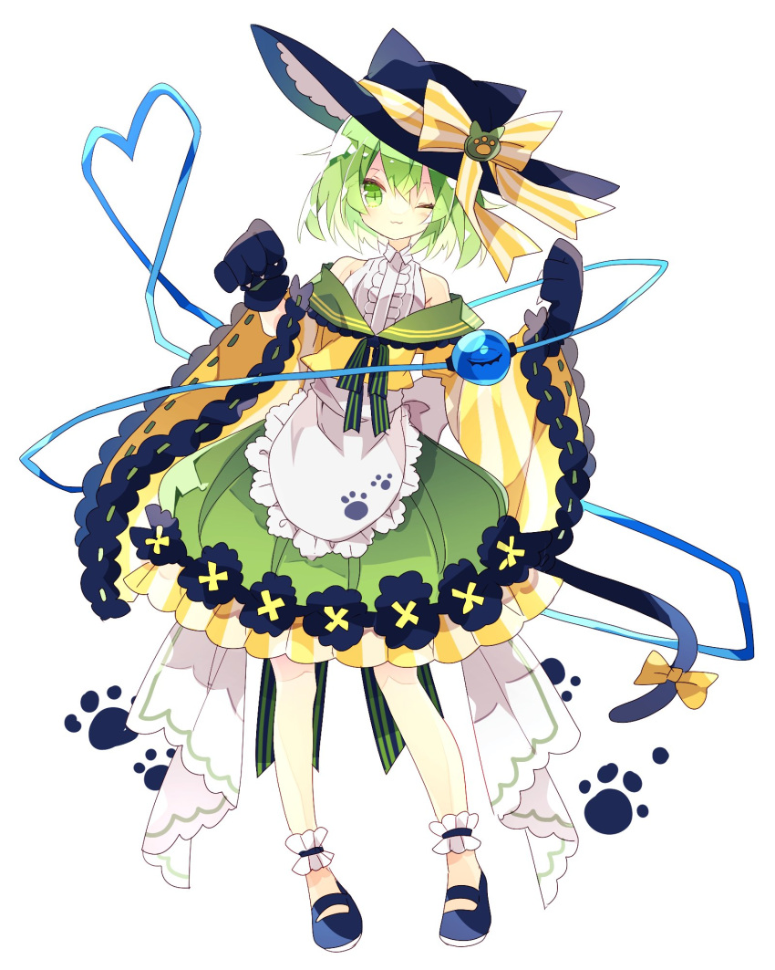 1girl :3 adapted_costume ankle_cuffs blue_footwear bow cat_tail commentary_request full_body gloves green_eyes green_hair hat hat_bow heart heart_of_string highres komeiji_koishi looking_at_viewer nikorashi-ka one_eye_closed paw_background paw_gloves paw_print paws solo standing tail tail_bow third_eye touhou white_background