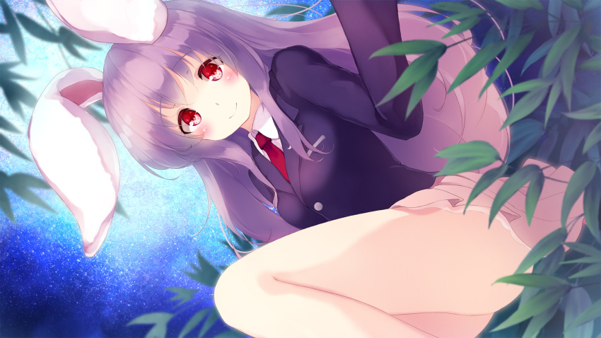 1girl animal_ears ass black_jacket blazer blush breasts commentary_request eyebrows_visible_through_hair feet_out_of_frame gengetsu_chihiro hand_up highres jacket long_hair long_sleeves looking_at_viewer medium_breasts miniskirt necktie night night_sky pink_skirt pleated_skirt purple_hair rabbit_ears red_eyes red_neckwear reisen_udongein_inaba shirt sitting skirt sky smile solo star_(sky) starry_sky thighs touhou very_long_hair white_shirt wing_collar