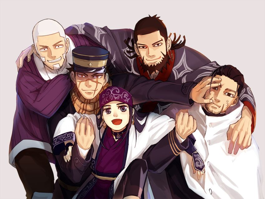 1girl 4boys ainu ainu_clothes arm_around_shoulder ash_tame asirpa bandanna bangs beard black_eyes black_hair blue_eyes blunt_bangs buzz_cut clenched_hand cloak coat earrings facial_hair facial_scar fingerless_gloves gloves golden_kamuy grey_background grin hair_slicked_back hand_on_another's_face hat hoop_earrings jewelry kiroranke lifting_person long_sleeves military military_hat military_uniform multiple_boys ogata_hyakunosuke open_mouth pants pushing_away pushing_face red_eyes scar scarf shiraishi_yoshitake short_hair sideburns simple_background smile spiky_hair stubble sugimoto_saichi uniform white_hair