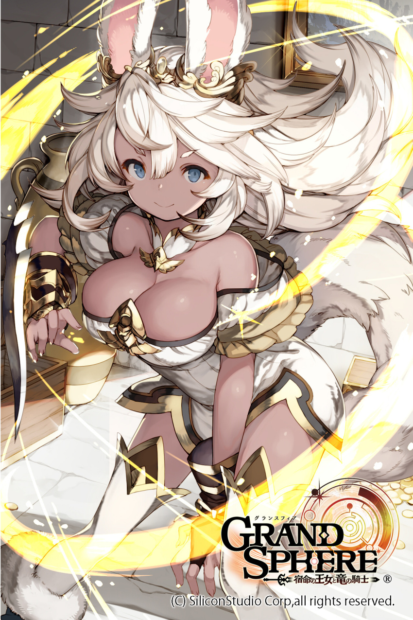 1girl animal_ears arm_up bare_shoulders black_gloves blue_eyes breasts bridal_gauntlets character_request cleavage dark_skin dog_tail dress gloves grand_sphere highres kishibe long_hair official_art rabbit_ears short_dress smile solo tail thigh-highs white_dress white_hair white_legwear