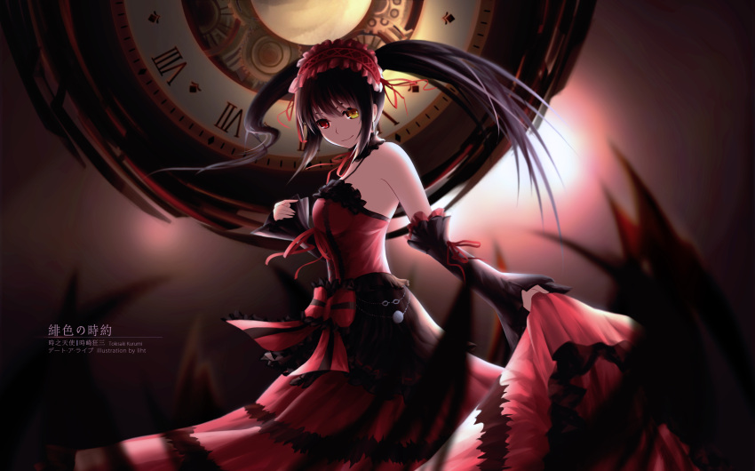 1girl absurdres artist_name asymmetrical_hair black_hair breasts character_name choker clock clock_eyes date_a_live detached_sleeves dress floating_hair from_side gothic_lolita hairband heterochromia highres layered_dress liht lolita_fashion lolita_hairband long_hair looking_at_viewer medium_breasts neck_ribbon red_dress red_eyes red_ribbon ribbon skirt_hold sleeveless sleeveless_dress smile solo standing symbol-shaped_pupils tokisaki_kurumi twintails very_long_hair yellow_eyes