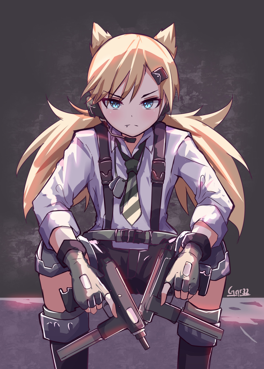 1girl absurdres animal_ears bangs black_footwear black_shorts blonde_hair blue_eyes boots breasts bushman_idw cat_ears closed_mouth collared_shirt dog_tags dual_wielding expressionless eyebrows_visible_through_hair fang_out fingerless_gloves girls_frontline gloves gun hair_between_eyes hair_ornament hairclip headset highres holding holding_gun holding_weapon idw_(girls_frontline) knee_boots knee_pads long_hair long_sleeves looking_at_viewer low_twintails necktie shirt shorts sidelocks signature sitting sleeves_rolled_up striped_neckwear submachine_gun suspenders tail tegar32 thigh_strap trigger_discipline twintails weapon white_shirt