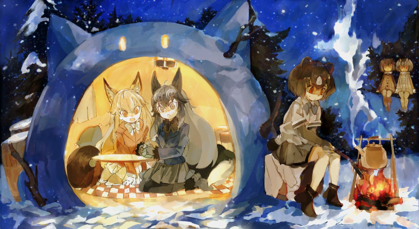 5girls animal_ears bear_ears bear_tail bike_shorts bird_wings boots bow bowtie brown_bear_(kemono_friends) brown_hair campfire commentary_request elbow_gloves eurasian_eagle_owl_(kemono_friends) eyebrows_visible_through_hair eyewear_on_head ezo_red_fox_(kemono_friends) fox_ears fox_tail fur_collar fur_trim glasses gloves head_wings igloo kemono_friends konabetate long_hair long_sleeves multiple_girls necktie northern_white-faced_owl_(kemono_friends) owl_ears pantyhose pleated_skirt redhead short_hair short_sleeves shorts shorts_under_skirt silver_fox_(kemono_friends) silver_hair sitting skirt snow_shelter sweatdrop tail teapot white_hair wings