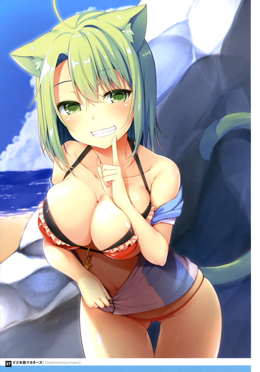 1girl absurdres ahoge animal_ears artist_name asymmetrical_bangs bangs bikini blue_sky breasts cat_ears cat_tail collarbone cowboy_shot day dodome-iro_mayonnaise eyebrows_visible_through_hair frilled_bikini_top gluteal_fold green_eyes green_hair grin hair_between_eyes highres index_finger_raised large_breasts leaning_forward looking_at_viewer navel off_shoulder original outdoors page_number red_bikini short_hair sky smile solo standing swimsuit tail thigh_gap