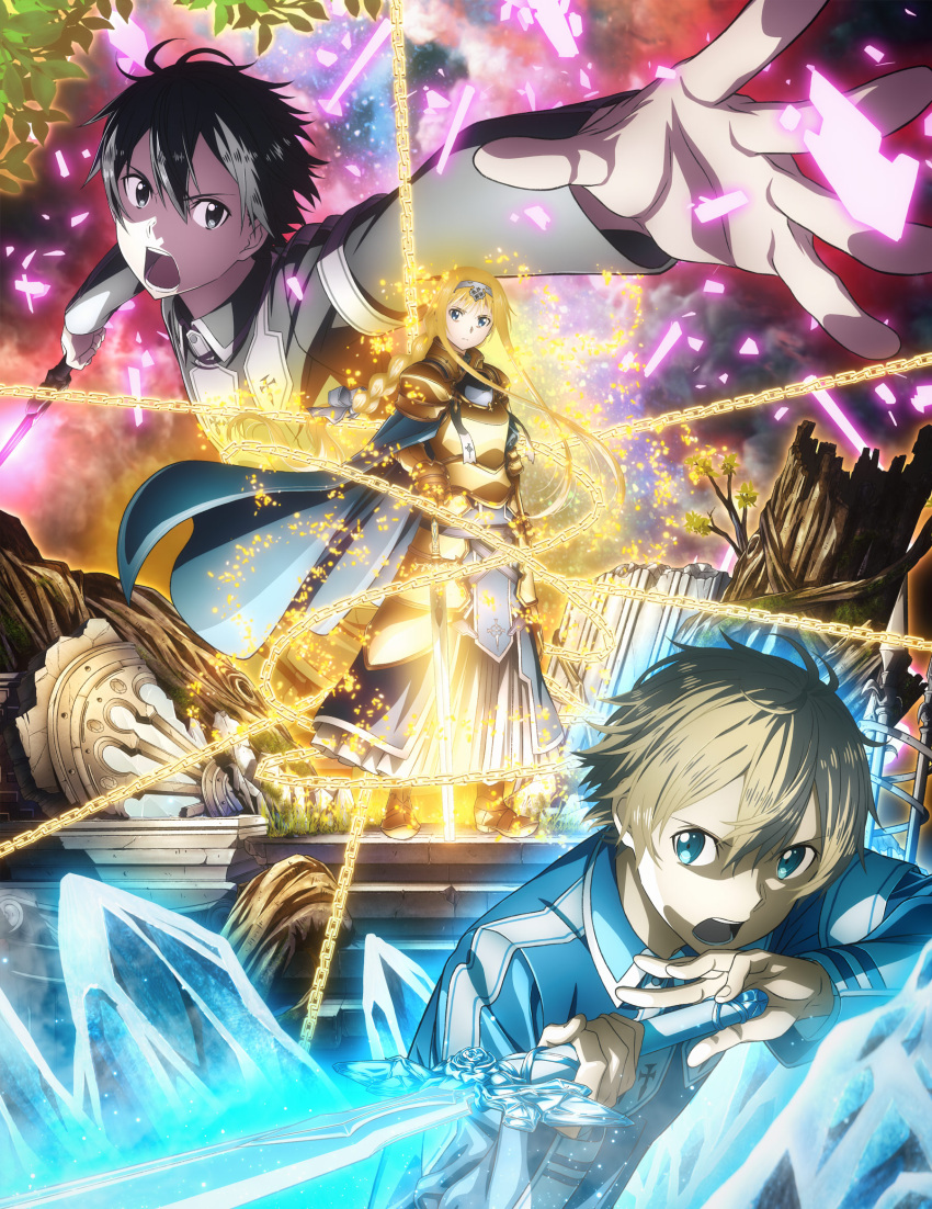 1girl 2boys alice_schuberg armor armored_boots armored_dress black_eyes black_hair blonde_hair blue_cape blue_eyes blue_rose_sword boots breastplate cape chains eugeo floating_hair full_body grey_hairband hair_between_eyes hairband hand_on_hilt highres holding holding_sword holding_weapon key_visual kirito light_brown_hair long_hair looking_at_viewer multiple_boys official_art open_mouth osmanthus_blade outstretched_arm shoulder_armor spaulders standing sword sword_art_online very_long_hair weapon