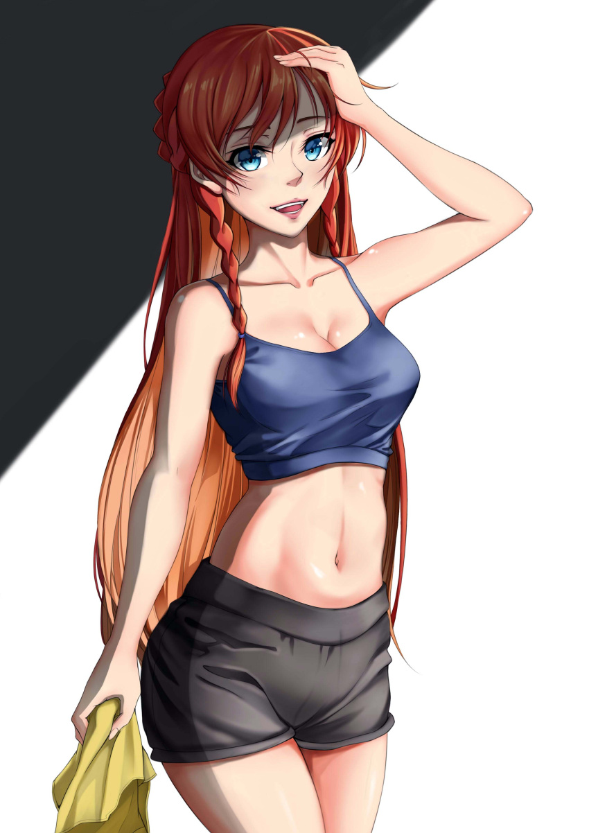 1girl :d absurdres bangs blue_eyes braid breasts cleavage collarbone cowboy_shot crop_top grey_shorts hand_on_head highres holding long_hair looking_at_viewer medium_breasts midriff navel open_mouth re:creators redhead selesia_upitiria shadow shiny shiny_skin short_shorts shorts smile solo standing stomach swept_bangs tank_top twin_braids very_long_hair xiao_gen