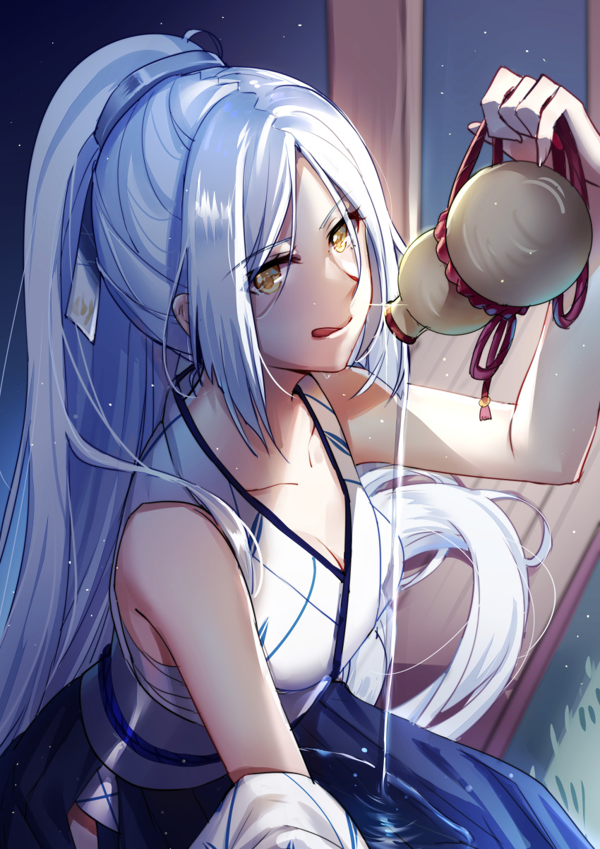 1girl absurdres aer_(tengqiu) alcohol azur_lane bangs blue_hakama breasts cleavage collarbone floating_hair hakama high_ponytail highres japanese_clothes kaga_(azur_lane) kimono long_hair medium_breasts outdoors sake sake_barrel silver_hair sitting sleeveless sleeveless_kimono solo swept_bangs tongue tongue_out very_long_hair white_kimono yellow_eyes