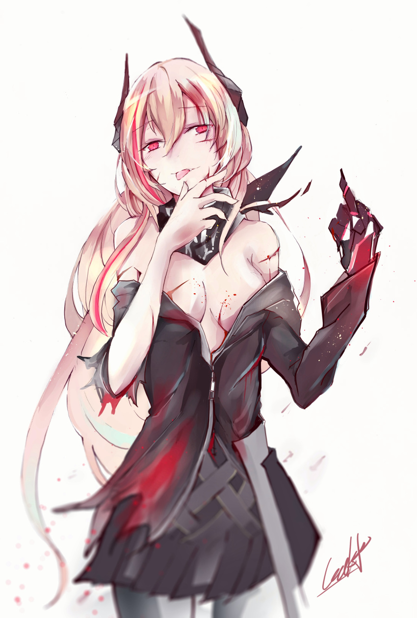 1girl absurdres bangs bare_shoulders black_jacket blood blush breasts cleavage cocoka damaged deep_wound eyebrows_visible_through_hair fangs finger_licking girls_frontline gloves hair_between_eyes half-closed_eyes head_tilt headgear highres hood hooded_jacket injury jacket jacket_pull licking long_hair looking_at_viewer m4_sopmod_ii_(girls_frontline) medium_breasts middle_finger multicolored_hair off_shoulder open_clothes open_jacket pink_hair prosthesis prosthetic_arm red_eyes redhead scarf sidelocks signature skirt solo streaked_hair torn_clothes