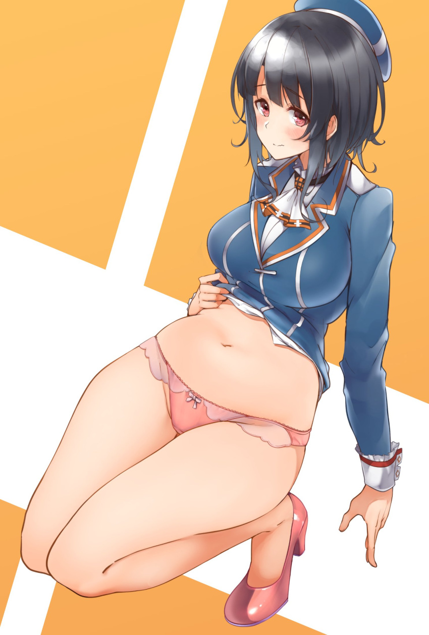 1girl ascot beret black_hair blue_hat blue_jacket breasts embarrassed epaulettes hat hechi_(hechi322) high_heels highres jacket kantai_collection large_breasts long_sleeves looking_at_viewer midriff_peek navel panties red_eyes shirt shirt_lift short_hair smile solo takao_(kantai_collection) underwear uniform upper_body white_shirt