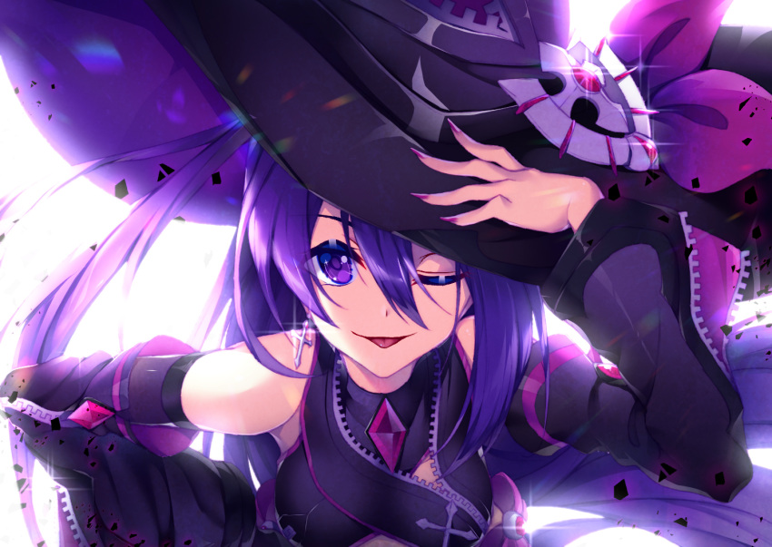 1girl ;) backlighting black_hat bow breasts cross cross_earrings detached_sleeve earrings elsword floating_hair guild_sweetheart hair_between_eyes hand_on_hilt hand_on_hip hat hat_bow jewelry leaning_forward long_hair medium_breasts nail_polish one_eye_closed purple_bow purple_hair purple_nails smile solo sparkle tongue tongue_out upper_body very_long_hair violet_eyes white_background witch_hat yun_(outsidey)