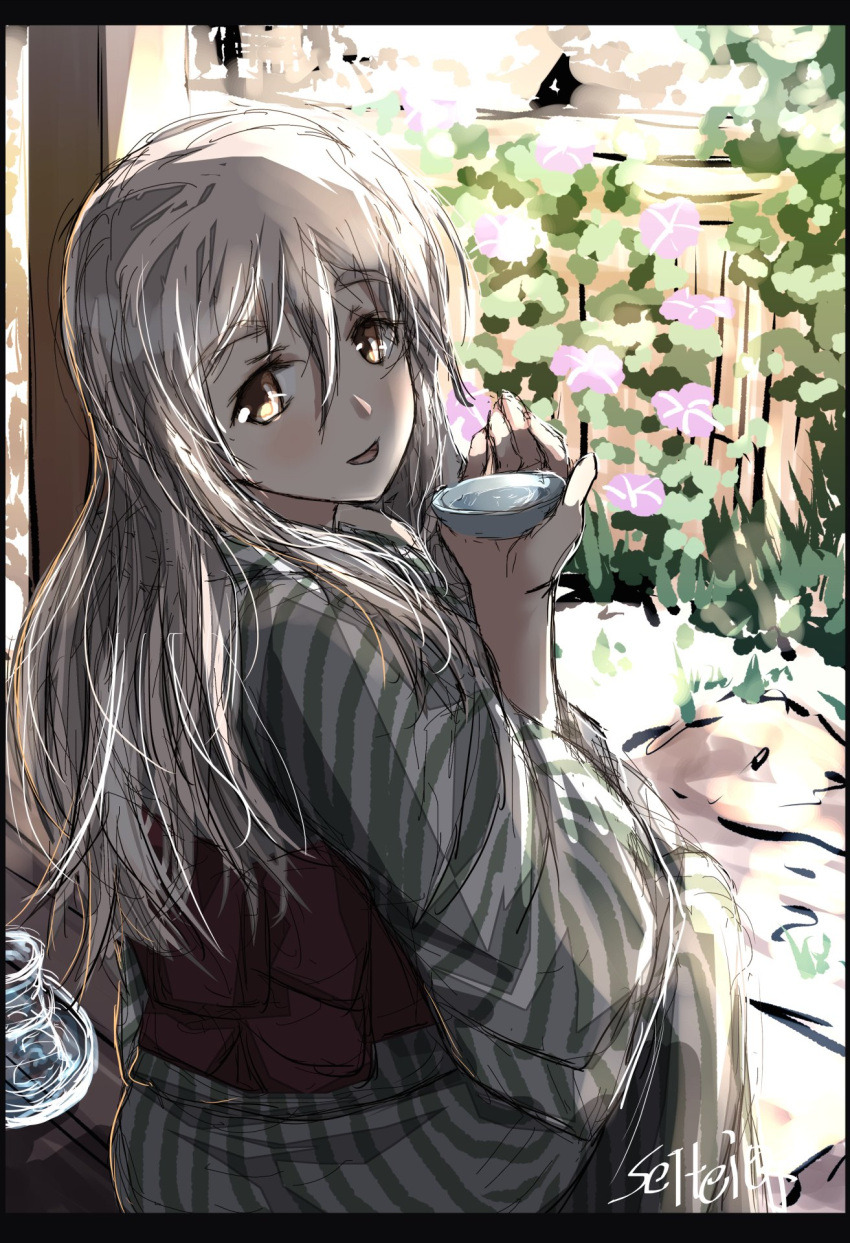 1girl alcohol alternate_costume blush eyebrows_visible_through_hair floral_background flower grey_hair hair_between_eyes highres japanese_clothes kantai_collection kimono long_hair long_sleeves looking_at_viewer open_mouth pola_(kantai_collection) seitei_(04seitei) sitting solo yellow_eyes