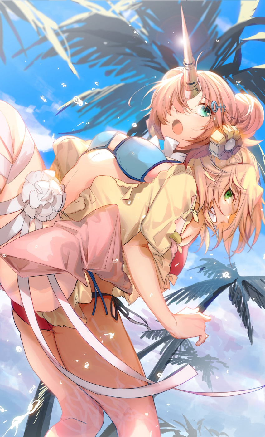2girls alternate_costume ass back-to-back bandage bandaged_arm bandaged_leg bikini bikini_skirt blonde_hair blue_bikini blue_skirt double_bun fate/grand_order fate_(series) frankenstein's_monster_(fate) frankenstein's_monster_(swimsuit_saber)_(fate) from_behind green_eyes hair_ornament hair_over_one_eye hairclip headgear highres horn jacket knees_to_chest locked_arms long_hair looking_at_another midriff mordred_(fate)_(all) mordred_(swimsuit_rider)_(fate) multiple_girls no-kan outdoors palm_tree pink_hair red_bikini short_hair single_detached_sleeve skirt sleeves_past_wrists swimsuit thigh-highs tree