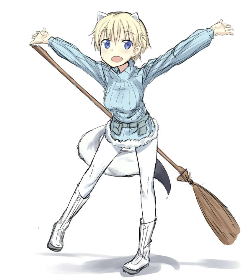 1girl animal_ears belt blonde_hair blue_eyes blue_swimsuit boots brave_witches broom commentary english_commentary eyebrows_visible_through_hair fankupl full_body highres leaning_forward looking_at_viewer military military_uniform nikka_edvardine_katajainen open_mouth outstretched_arms pantyhose ribbed_sweater shadow short_hair simple_background sketch smile solo spread_arms standing standing_on_one_leg sweater swimsuit tail uniform utility_belt white_background white_footwear white_legwear world_witches_series zipper