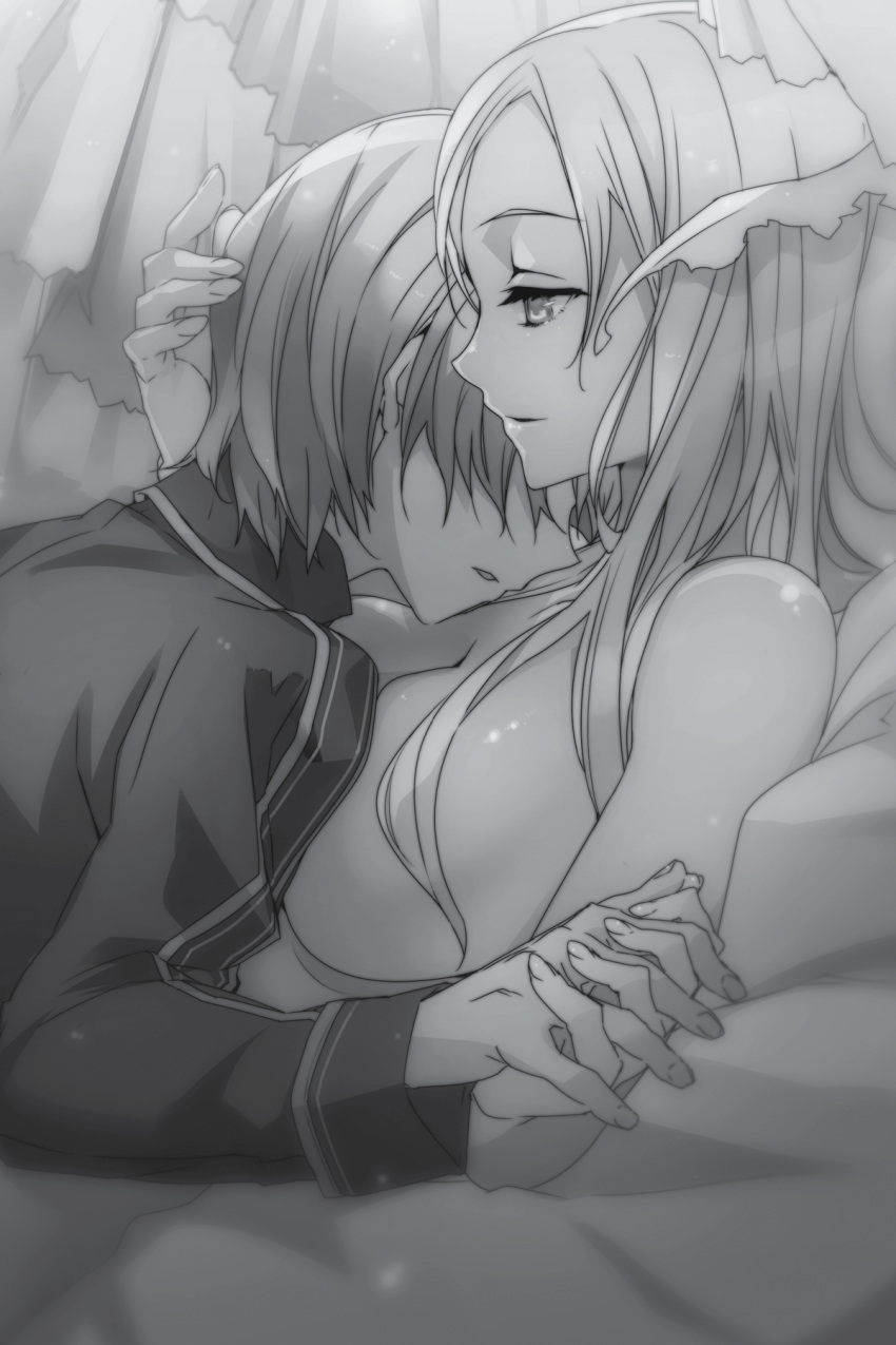 1boy 1girl abec administrator_(sao) bed_sheet breasts eugeo greyscale hair_between_eyes hand_holding highres interlocked_fingers large_breasts long_hair monochrome novel_illustration official_art parted_lips shiny shiny_skin sideboob spoilers sword_art_online thigh-highs