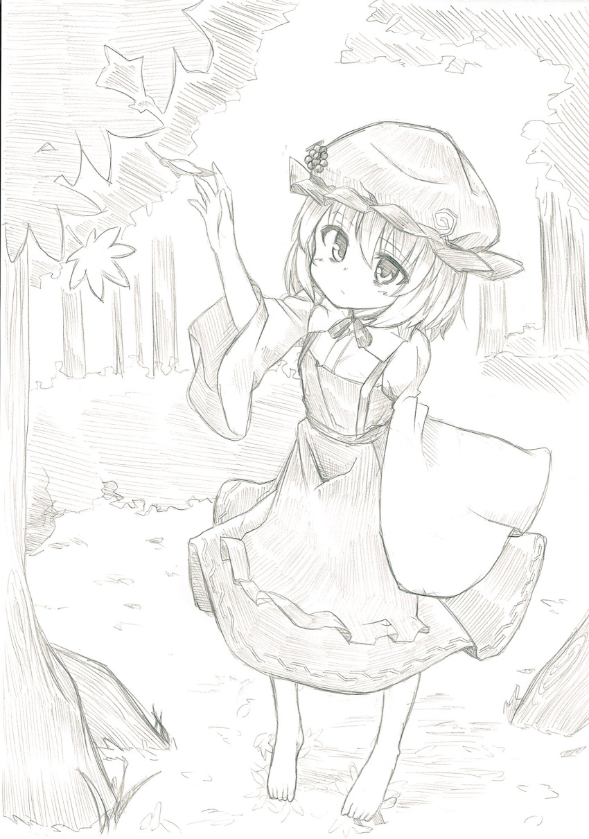 1girl aki_minoriko apron barefoot bow bowtie bush closed_mouth collared_shirt commentary_request dress eyebrows_visible_through_hair food forest frilled_apron frills fruit full_body gloom_(expression) grapes graphite_(medium) greyscale hat highres leaf long_sleeves mahiro_(akino-suisen) maple_leaf mob_cap monochrome nature puffy_long_sleeves puffy_sleeves shirt short_hair solo spaghetti_strap standing touhou traditional_media tree wide_sleeves