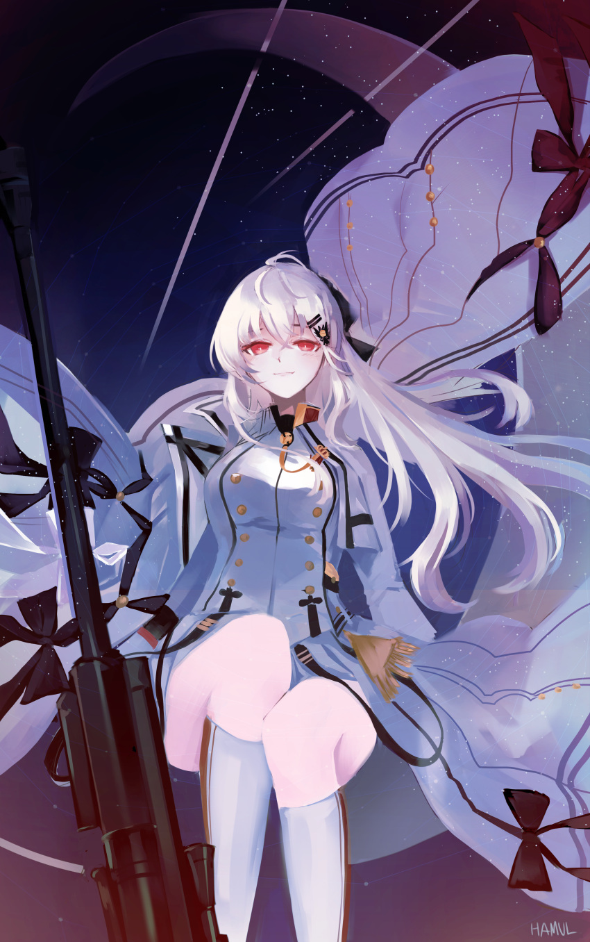 1girl absurdres anti-materiel_rifle bangs black_bow blush bow breasts closed_mouth cropped_jacket eyebrows_visible_through_hair floating_hair girls_frontline gloves gun hair_between_eyes hair_ornament hair_ribbon hairclip hamul highres holding holding_gun holding_weapon huge_filesize iws-2000_(girls_frontline) long_hair long_sleeves looking_at_viewer military military_uniform pleated_skirt red_eyes ribbon rifle shirt signature silver_hair sitting skirt sniper_rifle solo steyr_iws_2000 thighs uniform weapon wind wind_lift