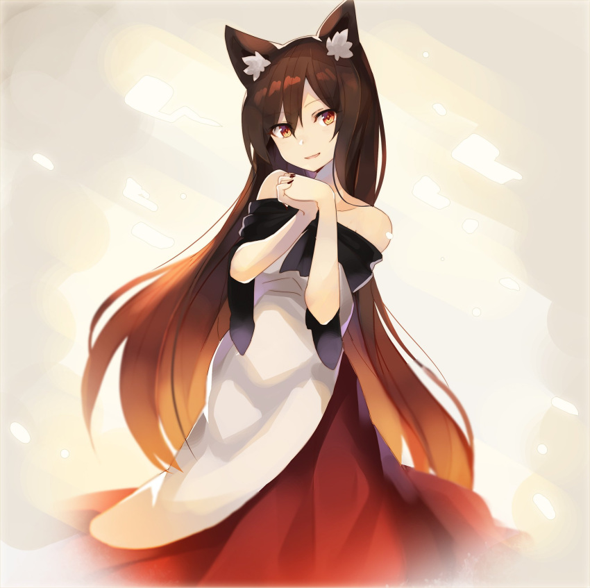 1girl animal_ears bare_shoulders beige_background black_nails brown_hair collarbone commentary_request dress eyebrows_visible_through_hair fingernails hair_between_eyes hands_up highres imaizumi_kagerou long_dress long_fingernails long_hair long_sleeves looking_at_viewer multicolored multicolored_clothes multicolored_dress nail_polish off-shoulder_dress off_shoulder own_hands_together parted_lips red_dress red_eyes rin_falcon smile solo touhou very_long_hair white_dress wide_sleeves wolf_ears