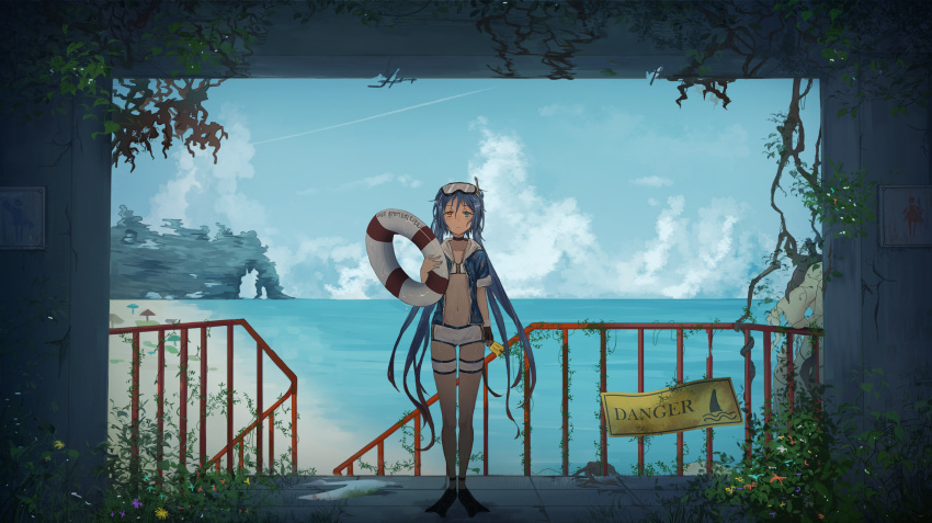 1girl aer7o beach bikini black_choker black_gloves blue_eyes blue_hair blue_jacket blue_sky choker closed_mouth clouds cloudy_sky collarbone commentary day diving_mask diving_mask_on_head english english_commentary flippers fur-trimmed_gloves fur_trim girls_frontline gloves heterochromia highres holding hood hood_down hooded_jacket horizon jacket lifebuoy looking_at_viewer navel ocean open_clothes open_jacket orange_eyes outdoors railing sand sign single_glove sky solo spp-1_(girls_frontline) standing swimsuit water white_bikini wide_shot