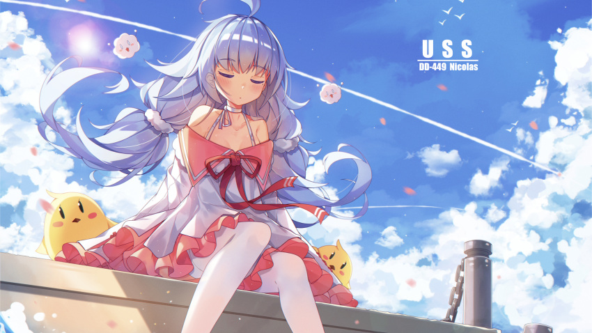 1girl ahoge azur_lane bangs bare_shoulders bird blue_hair blue_sky blush breasts chains character_name cleavage closed_eyes closed_mouth clouds collarbone dango_remi day dock dress eyebrows_visible_through_hair floating_hair halterneck hat highres light_particles long_hair long_sleeves low_twintails mole mole_under_eye nicholas_(azur_lane) ocean off_shoulder outdoors pleated_skirt sidelocks sitting skirt sky sleeves_past_wrists small_breasts solo splashing stuffed_animal stuffed_toy sunlight thigh-highs twintails waves white_legwear wind wind_lift